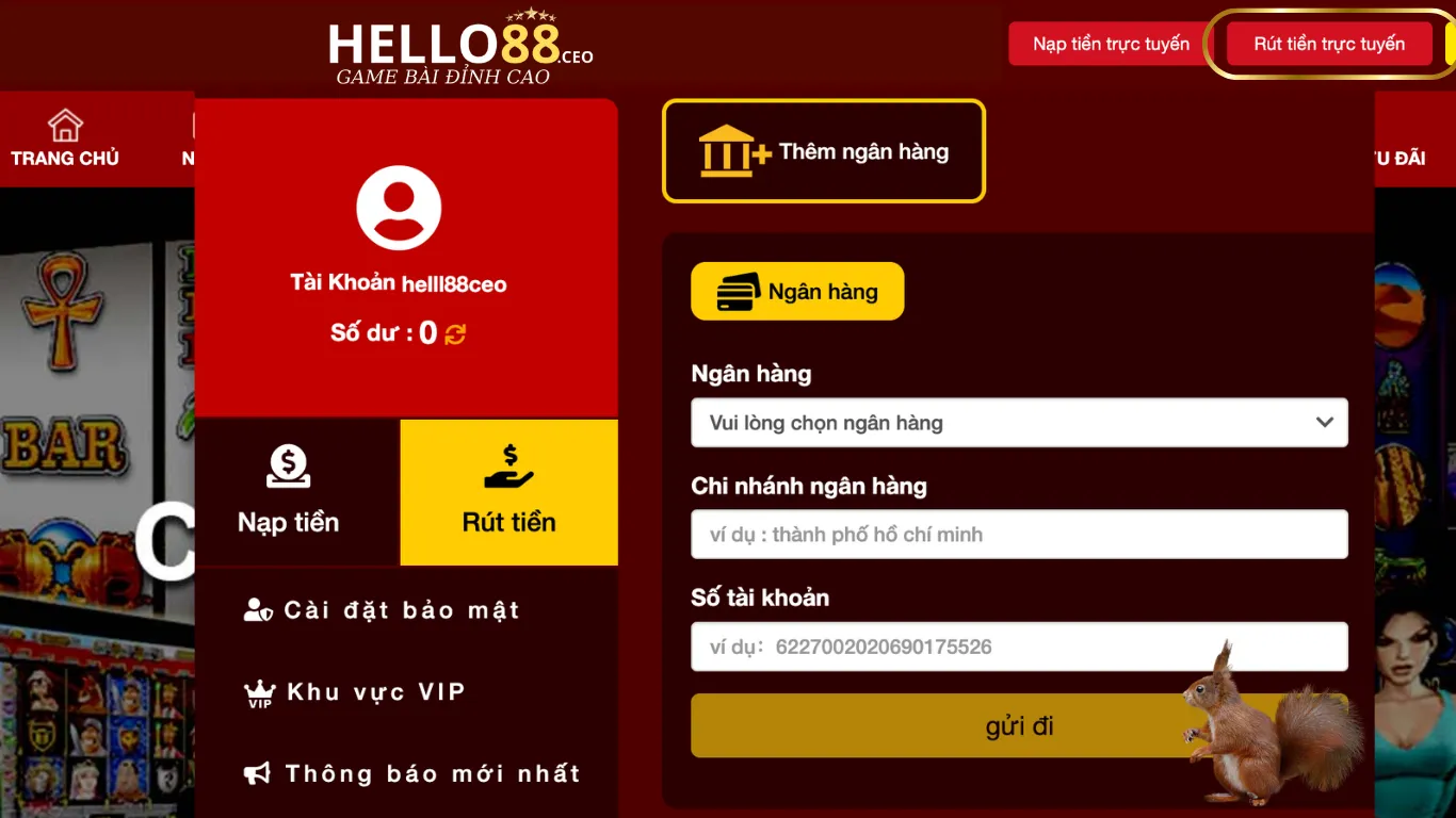Các bước truy cập mục rút tiền tại cổng cược Hello88.